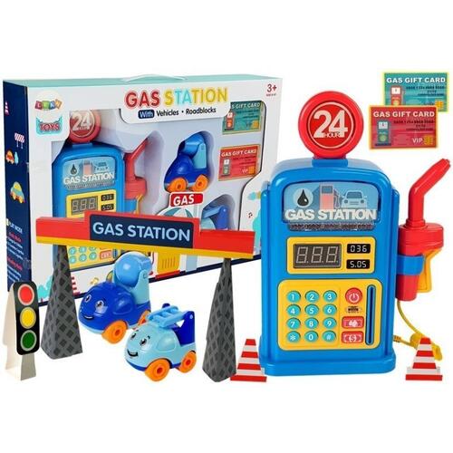 Set benzinarie de jucarie cu lumini, sunete, masinute si accesorii pentru copii, LeanToys, 7210
